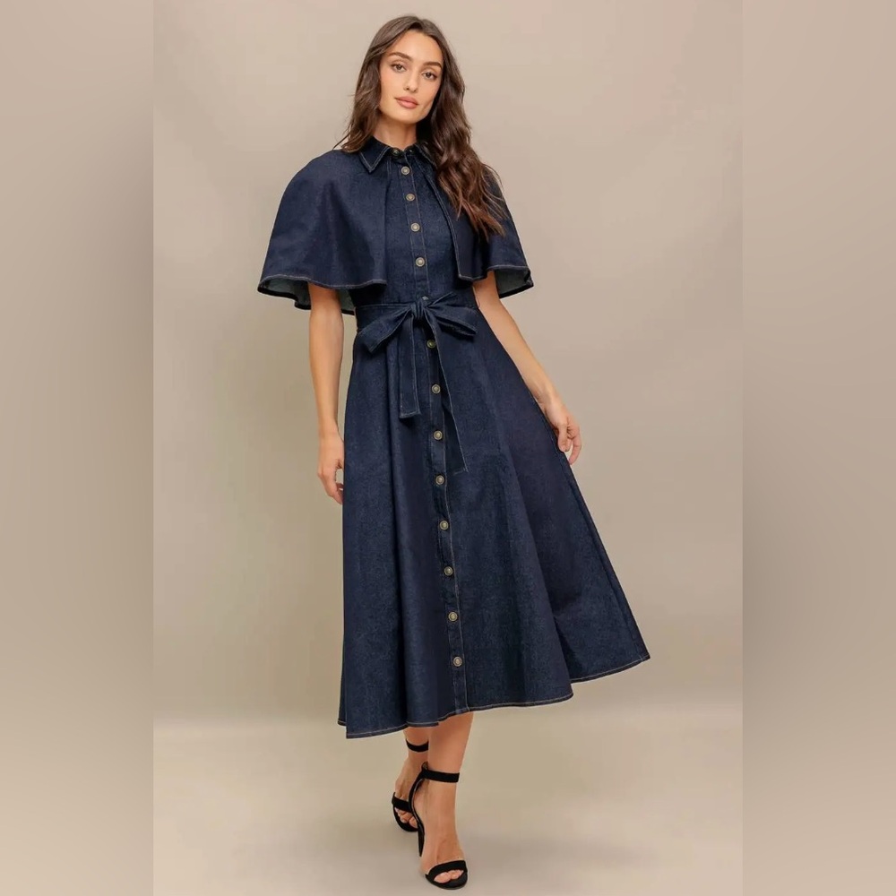 Stylish Navy Button-Up Cape Dress